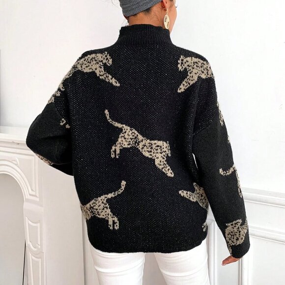 Black Casual Women's Leopard Pattern High Neck Drop Shoulder Sweater - Picture 2 of 6